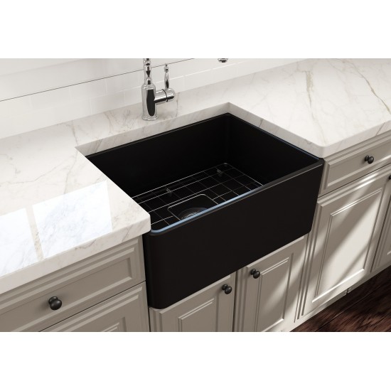 Farmhouse Apron Front Fireclay 24 in. Single Bowl Kitchen Sink with Protective Bottom Grid and Strainer in Matte Black