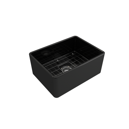 Farmhouse Apron Front Fireclay 24 in. Single Bowl Kitchen Sink with Protective Bottom Grid and Strainer in Black