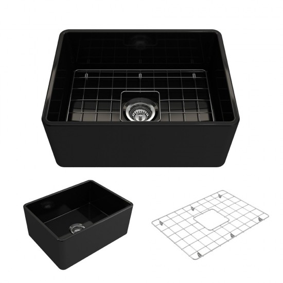 Farmhouse Apron Front Fireclay 24 in. Single Bowl Kitchen Sink with Protective Bottom Grid and Strainer in Black