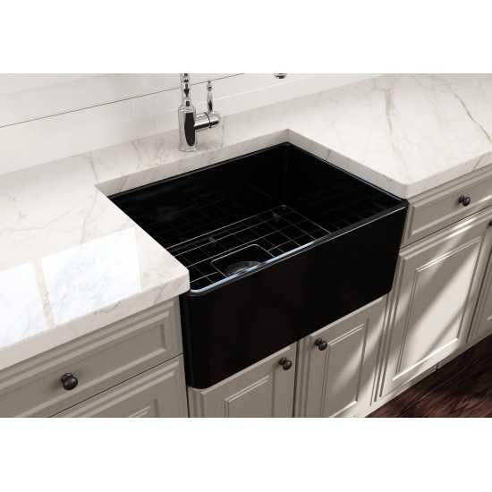 Farmhouse Apron Front Fireclay 24 in. Single Bowl Kitchen Sink with Protective Bottom Grid and Strainer in Black