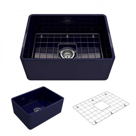 Farmhouse Apron Front Fireclay 24 in. Single Bowl Kitchen Sink with Protective Bottom Grid and Strainer in Sapphire Blue