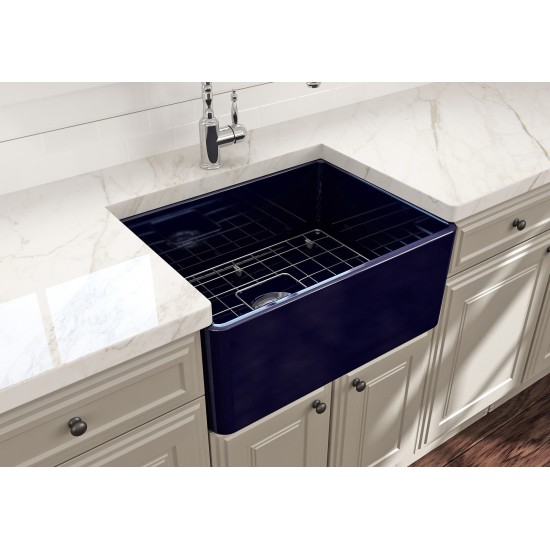 Farmhouse Apron Front Fireclay 24 in. Single Bowl Kitchen Sink with Protective Bottom Grid and Strainer in Sapphire Blue