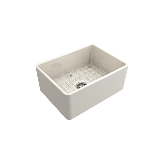 Farmhouse Apron Front Fireclay 24 in. Single Bowl Kitchen Sink with Protective Bottom Grid and Strainer in Biscuit