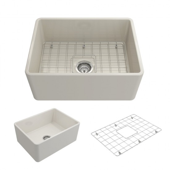 Farmhouse Apron Front Fireclay 24 in. Single Bowl Kitchen Sink with Protective Bottom Grid and Strainer in Biscuit