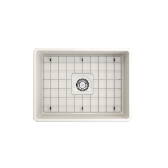 Farmhouse Apron Front Fireclay 24 in. Single Bowl Kitchen Sink with Protective Bottom Grid and Strainer in Biscuit