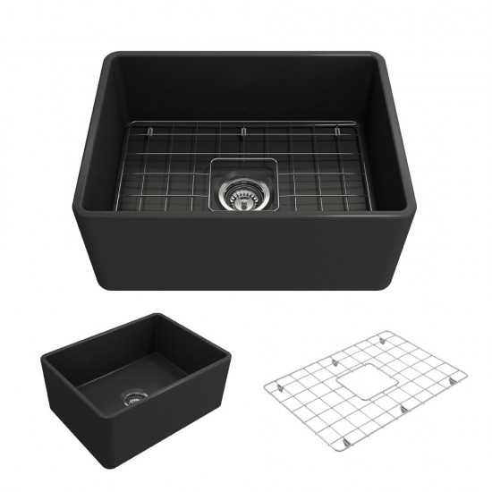 Farmhouse Apron Front Fireclay 24 in. Single Bowl Kitchen Sink with Protective Bottom Grid and Strainer in Matte Dark Gray