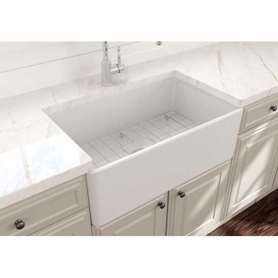 Farmhouse Apron Front Fireclay 30 in. Single Bowl Kitchen Sink with Protective Bottom Grid and Strainer in Matte White