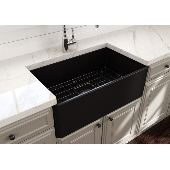 Farmhouse Apron Front Fireclay 30 in. Single Bowl Kitchen Sink with Protective Bottom Grid and Strainer in Matte Black