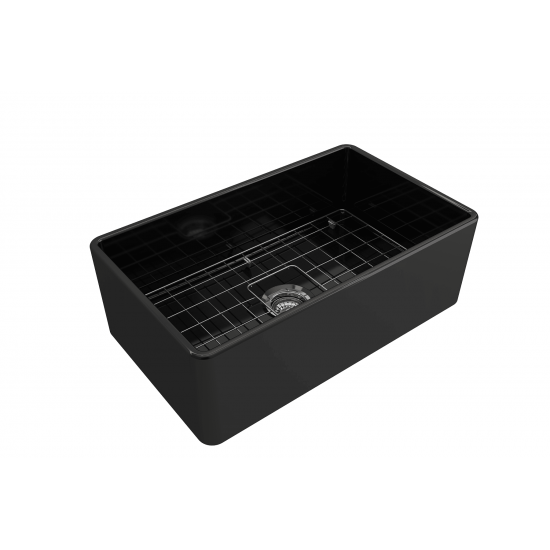 Farmhouse Apron Front Fireclay 30 in. Single Bowl Kitchen Sink with Protective Bottom Grid and Strainer in Black