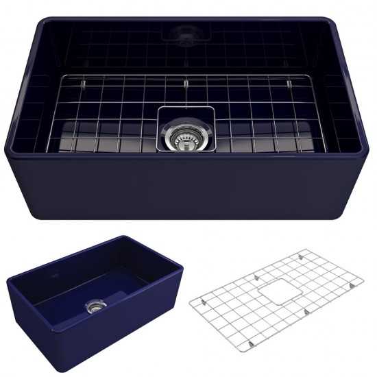 Farmhouse Apron Front Fireclay 30 in. Single Bowl Kitchen Sink with Protective Bottom Grid and Strainer in Sapphire Blue
