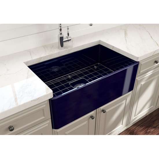 Farmhouse Apron Front Fireclay 30 in. Single Bowl Kitchen Sink with Protective Bottom Grid and Strainer in Sapphire Blue