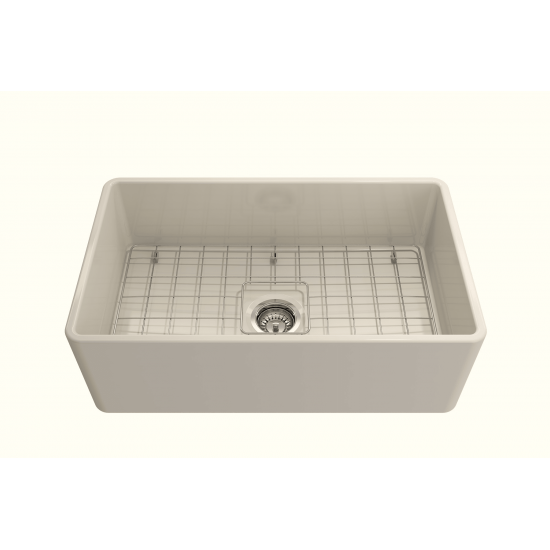 Farmhouse Apron Front Fireclay 30 in. Single Bowl Kitchen Sink with Protective Bottom Grid and Strainer in Biscuit