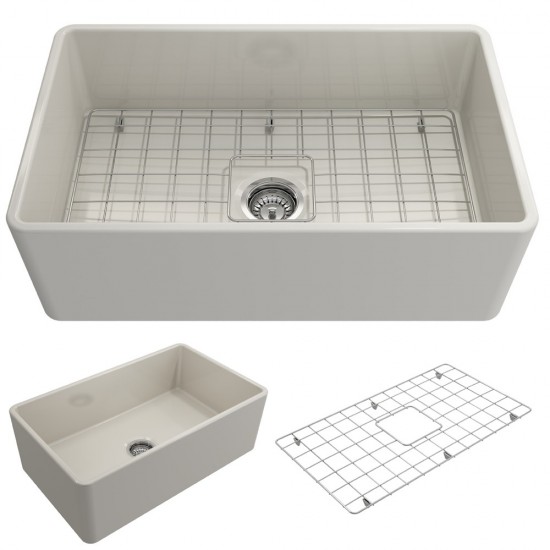 Farmhouse Apron Front Fireclay 30 in. Single Bowl Kitchen Sink with Protective Bottom Grid and Strainer in Biscuit