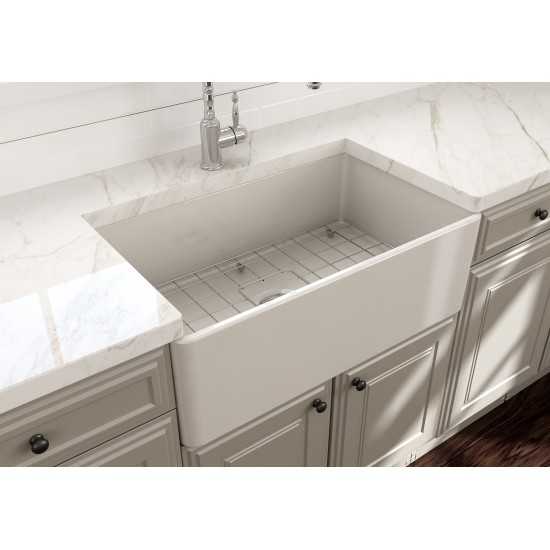Farmhouse Apron Front Fireclay 30 in. Single Bowl Kitchen Sink with Protective Bottom Grid and Strainer in Biscuit