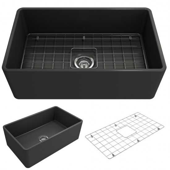 Farmhouse Apron Front Fireclay 30 in. Single Bowl Kitchen Sink with Protective Bottom Grid and Strainer in Matte Dark Gray