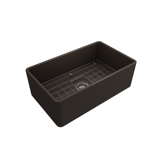 Farmhouse Apron Front Fireclay 30 in. Single Bowl Kitchen Sink with Protective Bottom Grid and Strainer in Matte Brown