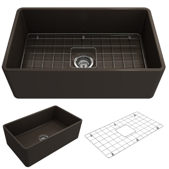 Farmhouse Apron Front Fireclay 30 in. Single Bowl Kitchen Sink with Protective Bottom Grid and Strainer in Matte Brown