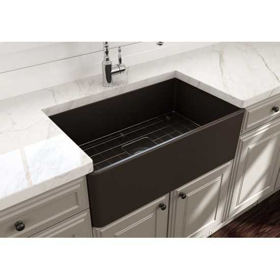 Farmhouse Apron Front Fireclay 30 in. Single Bowl Kitchen Sink with Protective Bottom Grid and Strainer in Matte Brown