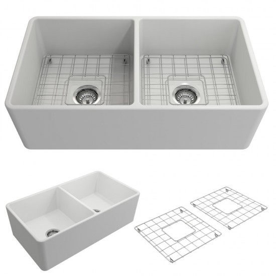 Farmhouse Apron Front Fireclay 33 in. Double Bowl Kitchen Sink with Protective Bottom Grids and Strainers in Matte White