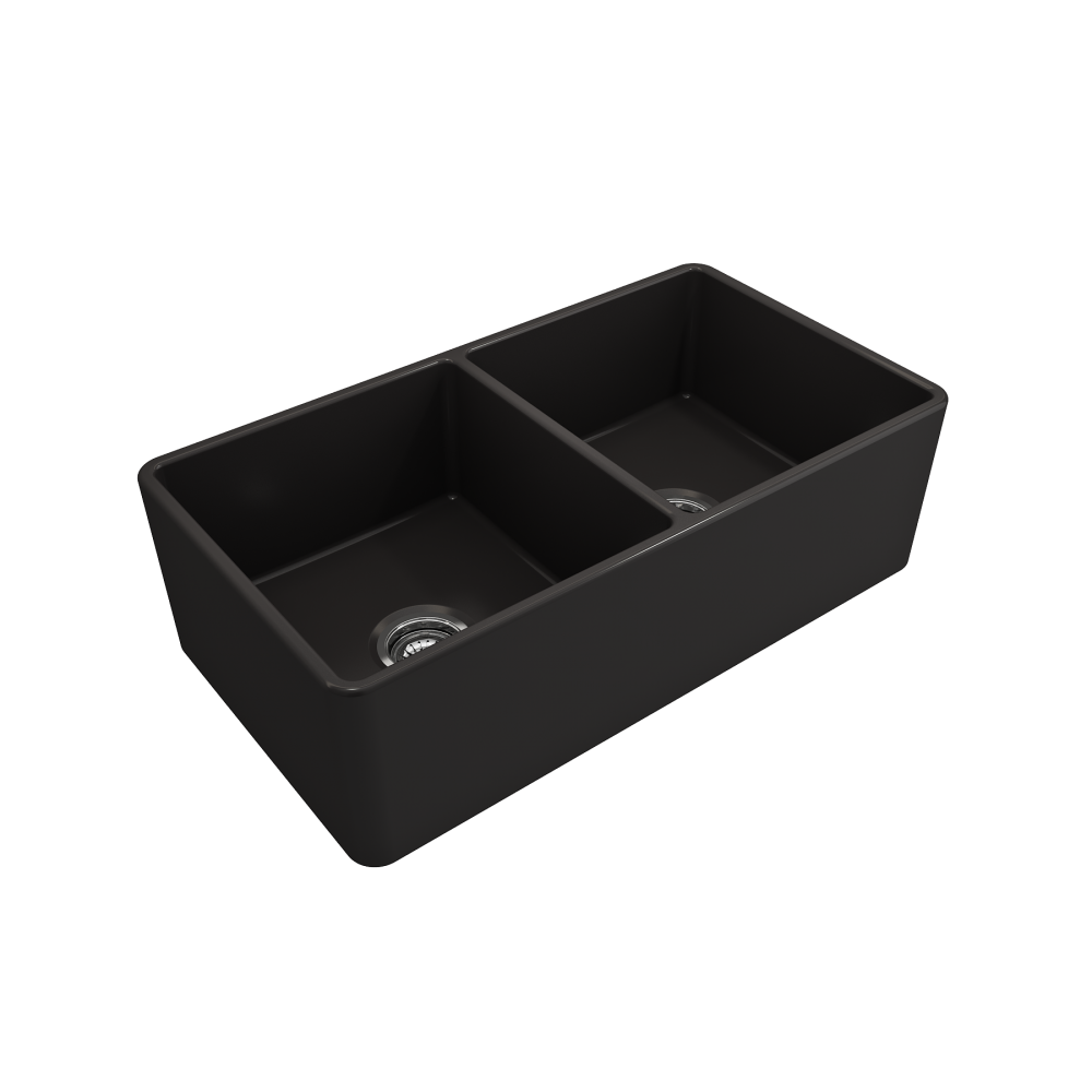 Farmhouse Apron Front Fireclay 33 in. Double Bowl Kitchen Sink with Protective Bottom Grids and Strainers in Matte Black