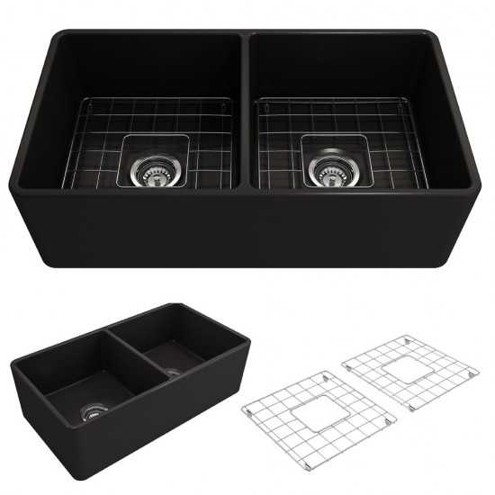 Farmhouse Apron Front Fireclay 33 in. Double Bowl Kitchen Sink with Protective Bottom Grids and Strainers in Matte Black