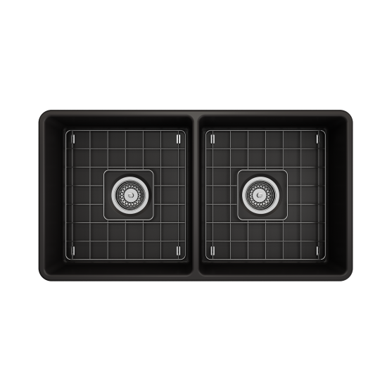 Farmhouse Apron Front Fireclay 33 in. Double Bowl Kitchen Sink with Protective Bottom Grids and Strainers in Matte Black
