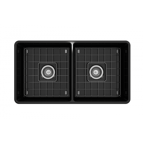 Farmhouse Apron Front Fireclay 33 in. Double Bowl Kitchen Sink with Protective Bottom Grids and Strainers in Black