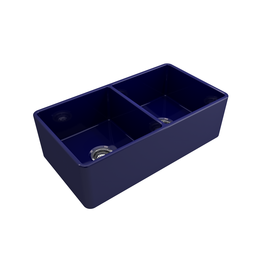 Farmhouse Apron Front Fireclay 33 in. Double Bowl Kitchen Sink with Protective Bottom Grids and Strainers in Sapphire Blue