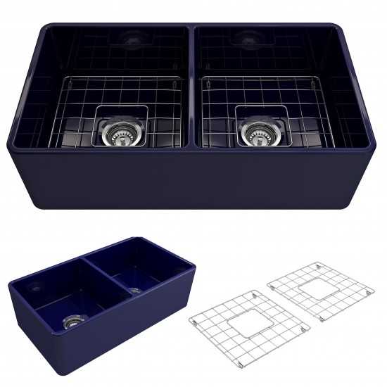 Farmhouse Apron Front Fireclay 33 in. Double Bowl Kitchen Sink with Protective Bottom Grids and Strainers in Sapphire Blue