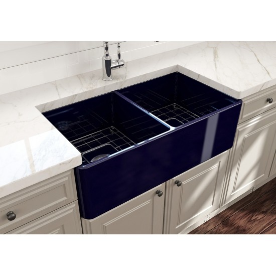 Farmhouse Apron Front Fireclay 33 in. Double Bowl Kitchen Sink with Protective Bottom Grids and Strainers in Sapphire Blue