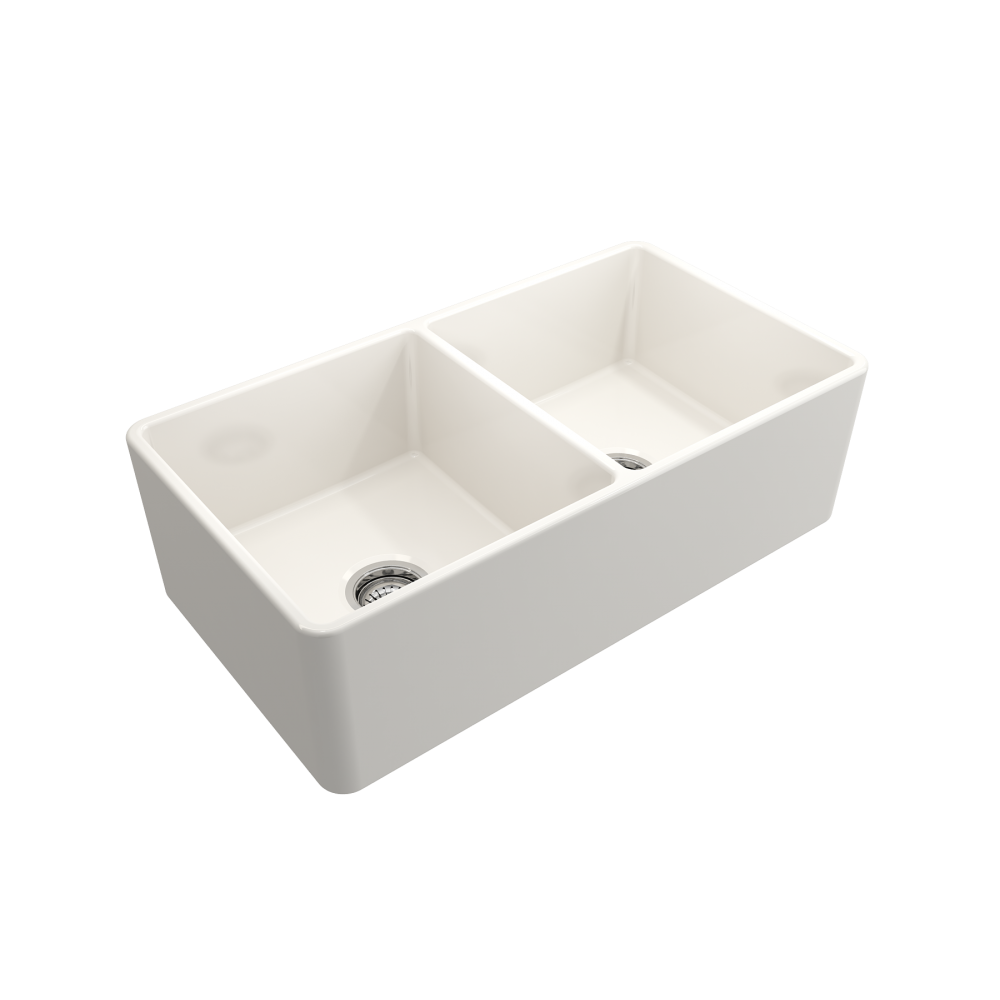 Farmhouse Apron Front Fireclay 33 in. Double Bowl Kitchen Sink with Protective Bottom Grids and Strainers in Biscuit