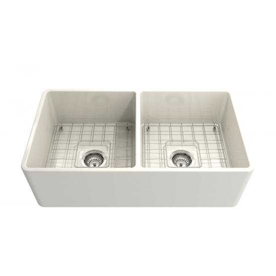 Farmhouse Apron Front Fireclay 33 in. Double Bowl Kitchen Sink with Protective Bottom Grids and Strainers in Biscuit