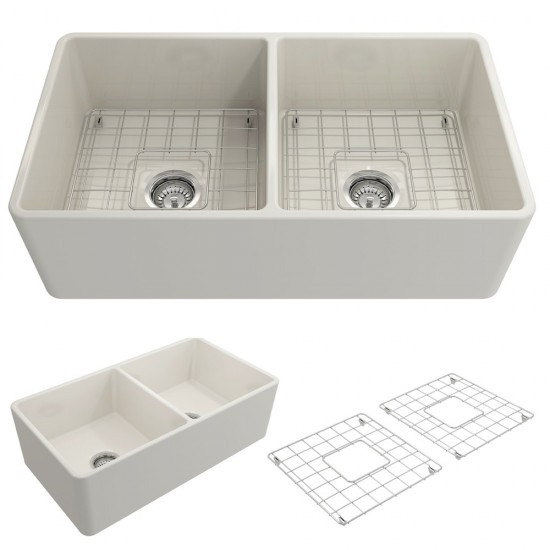 Farmhouse Apron Front Fireclay 33 in. Double Bowl Kitchen Sink with Protective Bottom Grids and Strainers in Biscuit