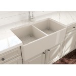 Farmhouse Apron Front Fireclay 33 in. Double Bowl Kitchen Sink with Protective Bottom Grids and Strainers in Biscuit