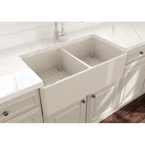 Farmhouse Apron Front Fireclay 33 in. Double Bowl Kitchen Sink with Protective Bottom Grids and Strainers in Biscuit