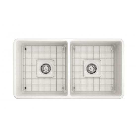 Farmhouse Apron Front Fireclay 33 in. Double Bowl Kitchen Sink with Protective Bottom Grids and Strainers in Biscuit