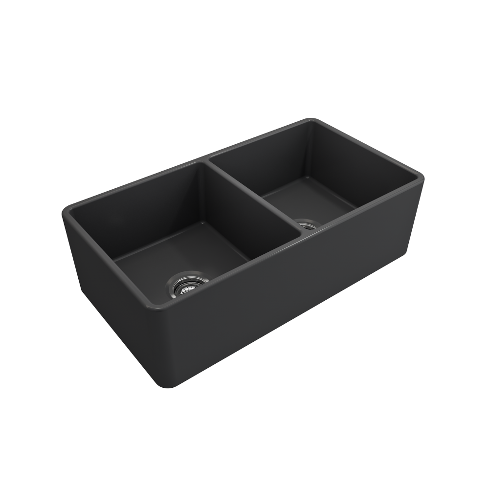 Farmhouse Apron Front Fireclay 33 in. Double Bowl Kitchen Sink with Protective Bottom Grids and Strainers in Matte Dark Gray