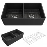 Farmhouse Apron Front Fireclay 33 in. Double Bowl Kitchen Sink with Protective Bottom Grids and Strainers in Matte Dark Gray