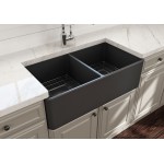 Farmhouse Apron Front Fireclay 33 in. Double Bowl Kitchen Sink with Protective Bottom Grids and Strainers in Matte Dark Gray