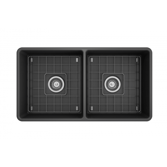 Farmhouse Apron Front Fireclay 33 in. Double Bowl Kitchen Sink with Protective Bottom Grids and Strainers in Matte Dark Gray