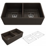 Farmhouse Apron Front Fireclay 33 in. Double Bowl Kitchen Sink with Protective Bottom Grids and Strainers in Matte Brown