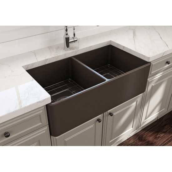 Farmhouse Apron Front Fireclay 33 in. Double Bowl Kitchen Sink with Protective Bottom Grids and Strainers in Matte Brown
