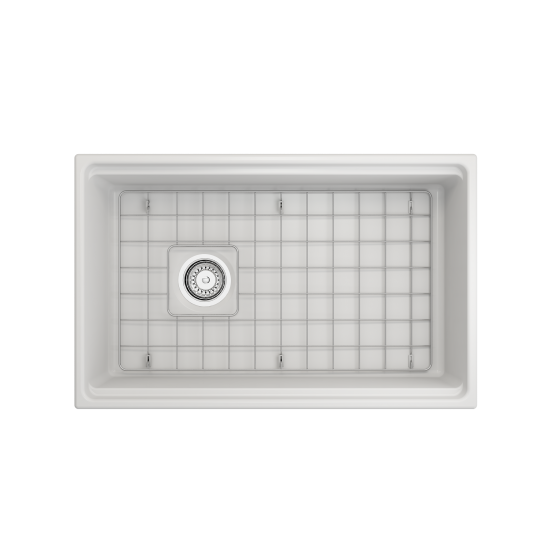 Apron Front Step Rim with Integrated Work Station Fireclay 30 in. Single Bowl Kitchen Sink with Accessories in Matte White