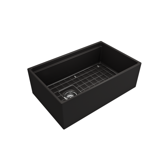 Apron Front Step Rim with Integrated Work Station Fireclay 30 in. Single Bowl Kitchen Sink with Accessories in Matte Black