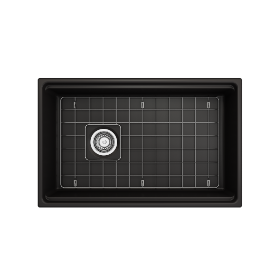 Apron Front Step Rim with Integrated Work Station Fireclay 30 in. Single Bowl Kitchen Sink with Accessories in Matte Black