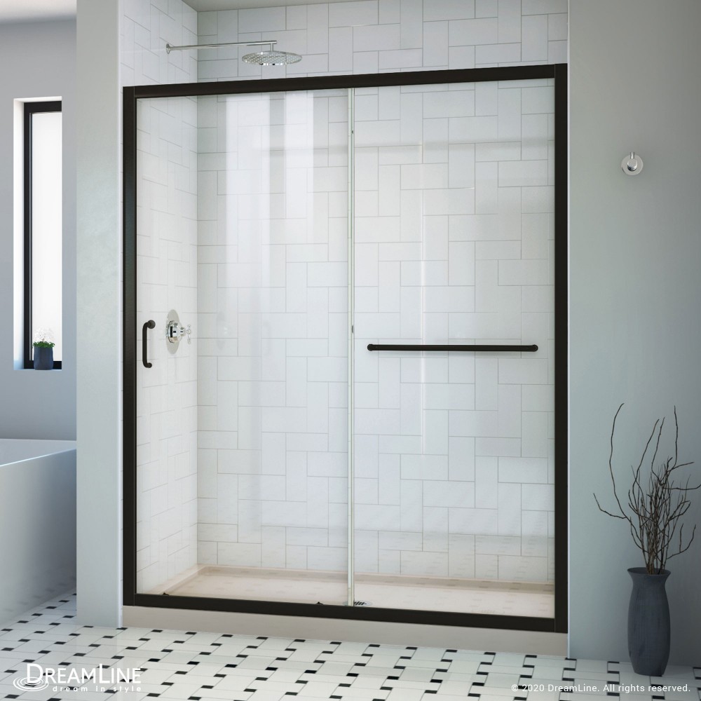 Infinity-Z 32 in. D x 60 in. W x 74 3/4 in. H Clear Sliding Shower Door in Satin Black, Center Drain Biscuit Base