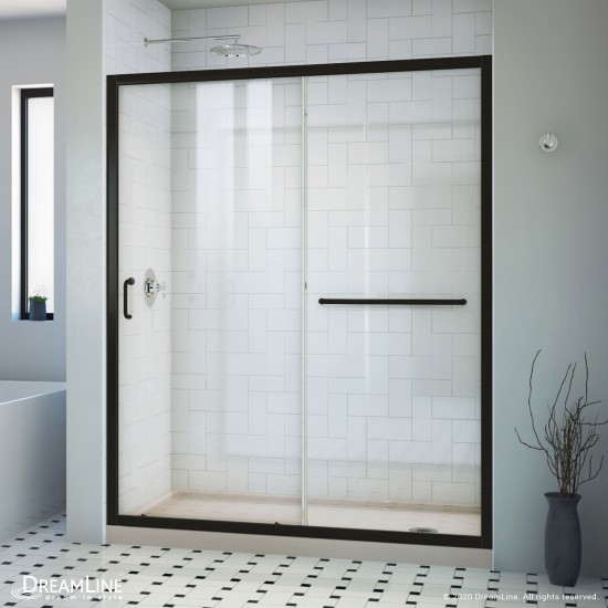 Infinity-Z 32 in. D x 60 in. W x 74 3/4 in. H Clear Sliding Shower Door in Satin Black, Right Drain Biscuit Base