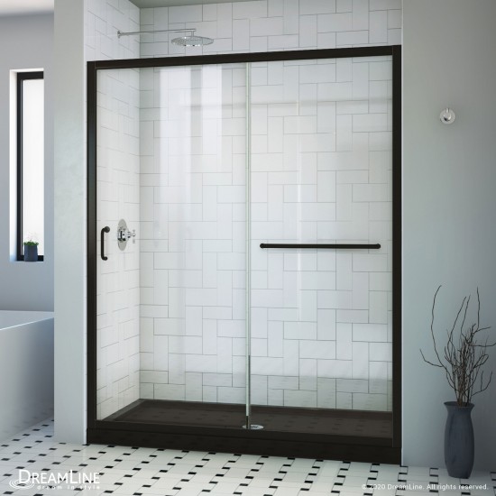 Infinity-Z 32 in. D x 60 in. W x 74 3/4 in. H Clear Sliding Shower Door in Satin Black, Center Drain Black Base