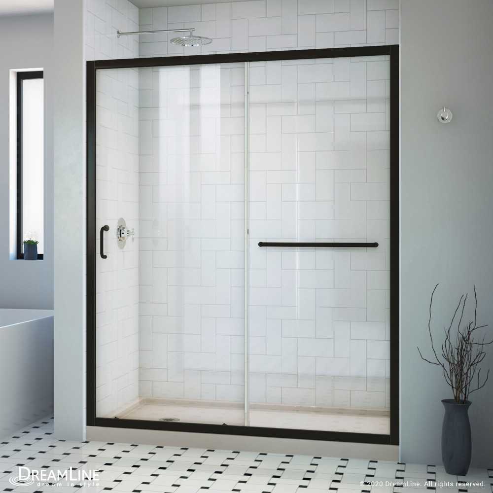 Infinity-Z 30 in. D x 60 in. W x 74 3/4 in. H Clear Sliding Shower Door in Satin Black, Left Drain Biscuit Base Infinity-Z 30 in. D x 60 in. W x 74 3/4 in. H Clear Sliding Shower Door in Satin Black, Left Drain Biscuit Base