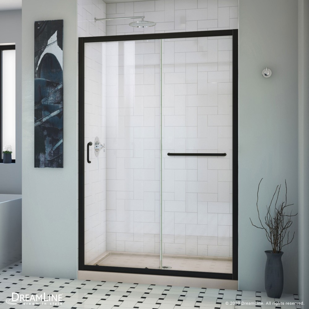 Infinity-Z 36 in. D x 48 in. W x 74 3/4 in. H Clear Sliding Shower Door in Satin Black and Center Drain Biscuit Base